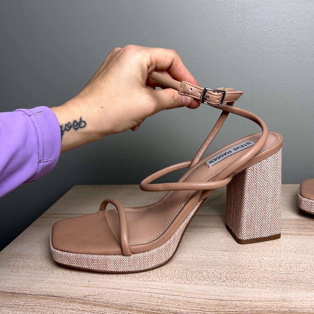 Steve Madden Pennie Tan Brown Faux Leather Strappy Block Heels Sandals size 9.5 - Picture 10 of 12